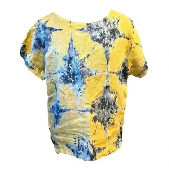 Bellambia Shirt Womens Small Yellow Blue 100% Linen Made In Italy Short Sleeve - Picture 1 of 8